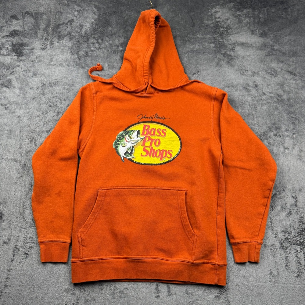Bass Pro Shops Hoodie Mens Small Orange Johnny Morris Graphic Pullover Sweat